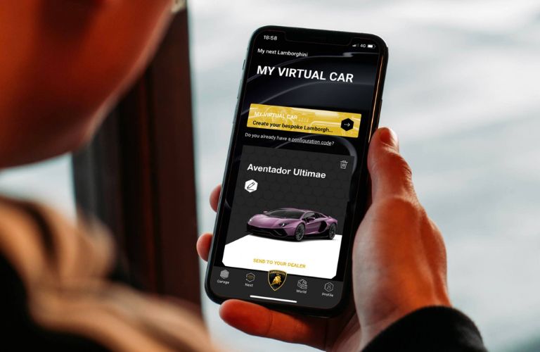 close up of a person's hand checking virtual car in the Lamborghini app